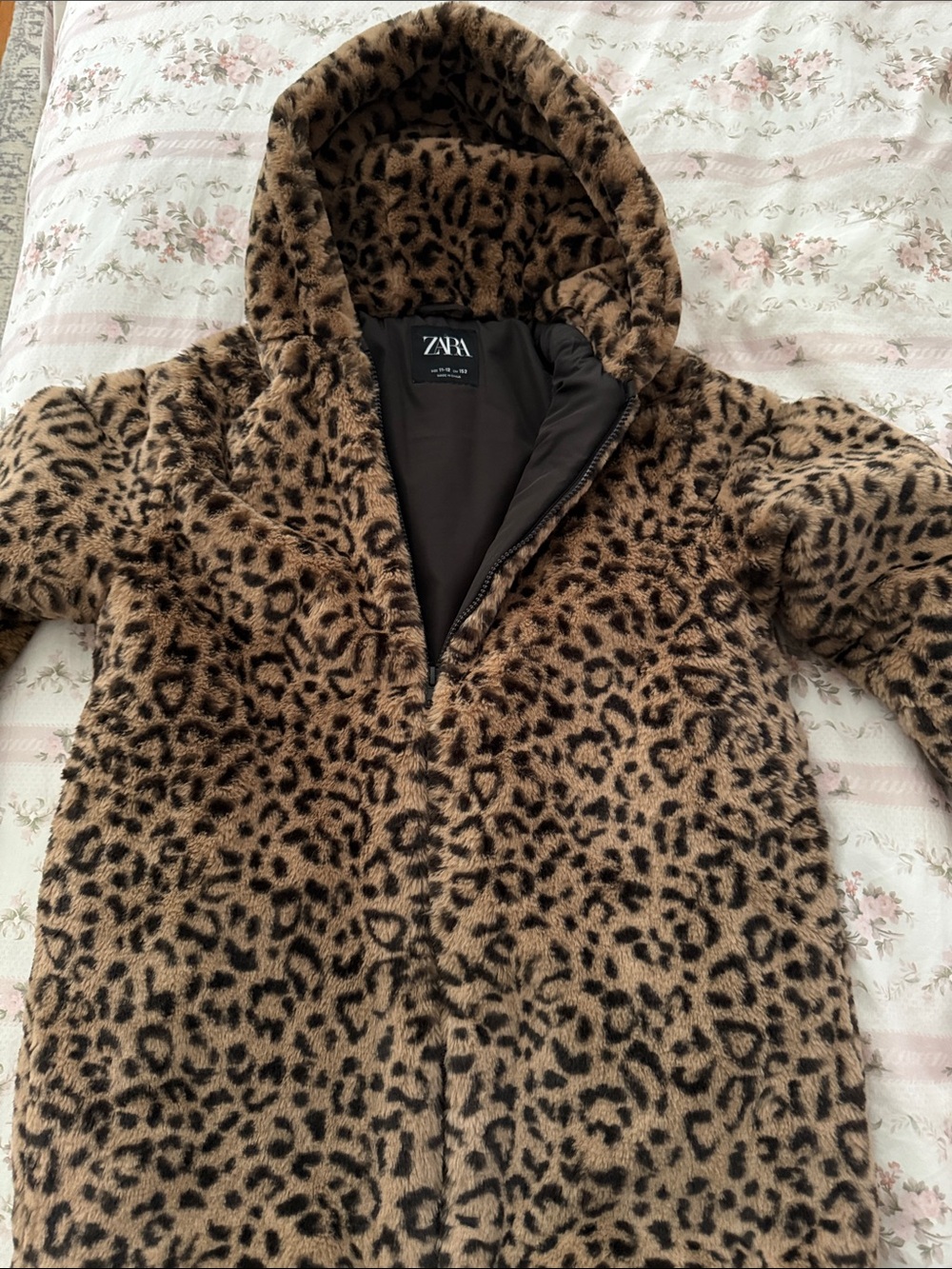 Zara Kids Faux Fur Leopard Print Hooded Coat - Brown & Black